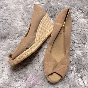 Kanna Tan Beige Suede Peep Toe Wedge Espadrilles Size 8